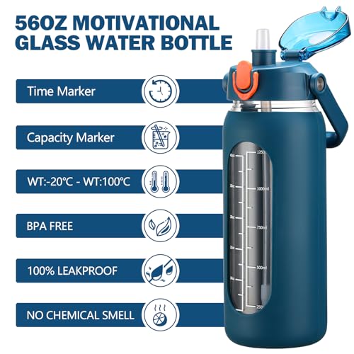 56oz Glass Water Bottles with Straw (Blue / 56 Ounces)