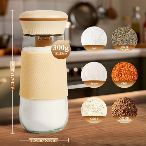 2-in-1 Salt Shaker, Glass Salt and Pepper Shakers Set for Kitchen, Salt and Pepper Containers with 1g Measuring Spoon, Farmhouse Cute Salt Pepper Shakers for Home Easy Filling, 1PCS (White-1pcs)