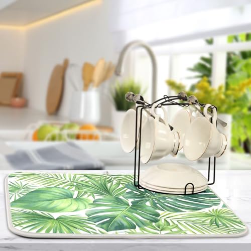 Green Monstera Palm Leaves Dish Drying Mat for Kitchen Counter Absorbent Microfiber Drying Pad (18" x 24")