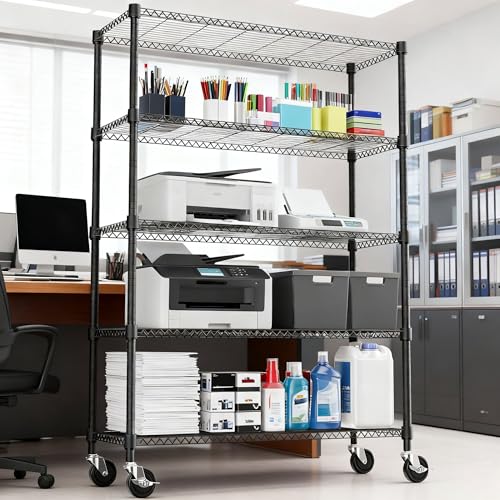 1750LBS 47.2" W 5 Tiers Storage Shelves Metal Shelving Unit with Wheels Heavy Duty Garage Shelving Adjustable Wire Shelves for Pantry (5 tier, 17.7" D x 47.2" W x 76.8" H / Black)