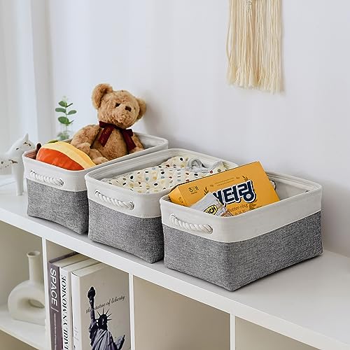 Storage Bins for Shelves (White&Grey / 3PCS/Medium -13.8Lx9.8Wx6.7H)