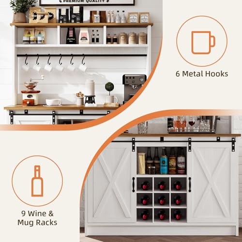 47" Farmhouse Coffee Bar with Storage Hutch & Wine Rack (48Inch / White)