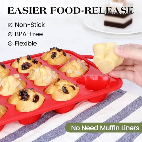 12 Cup Heart Shaped Silicone Muffin Pan for Baking with Metal Frame (Red / 12-Cup Heart)