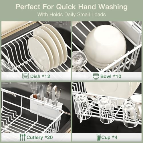 White Expandable Dish Drying Rack Over Sink with Extra Drying Mat (White / For 11.5"-16" W Sink with Cup Holder & Mat)