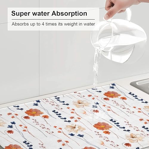 Orange Flower Decorative Dish Drying Mat for Kitchen Counter Watercolor Orange Floral Drying Pad 18x24 Inch Modern Absorbent Reversible Dish Drainer Rack Mats (Orange Flower / 18 x 24 inch)