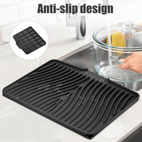 Silicone Dish Drying Mat for Kitchen Counter (Black-1pc / 16" x 12")