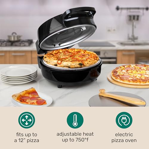 Homecraft Stone Baked Pizza Oven (Pizza Oven – 12in Woodfired Style Indoor Electric Countertop Pizza Maker – Ceramic Stone & Stainless Steel Peel – Variable Temp Control to 750°F – Homemade Pizza in Minutes-Black)