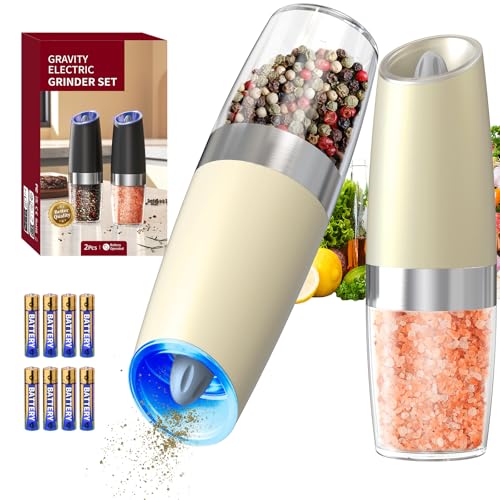 Gravity Electric Salt and Pepper Grinder Set Automatic Salt and Pepper Grinder Set with LED Light (Battery / Beige)
