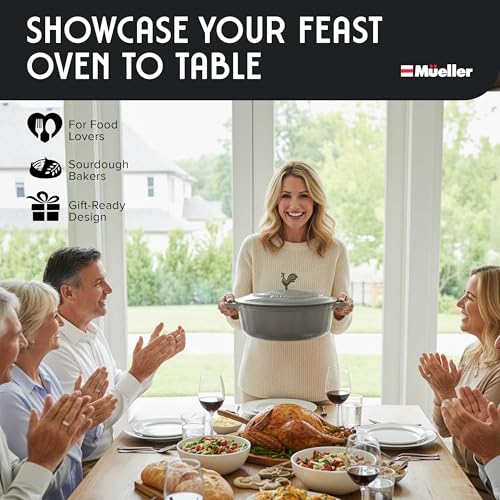 MUELLER HOME 5.5 Quart Enameled Cast Iron Oval Dutch Oven with Rooster Knob & Cotton Potholders (5.5 Quart -Oval / Gray)
