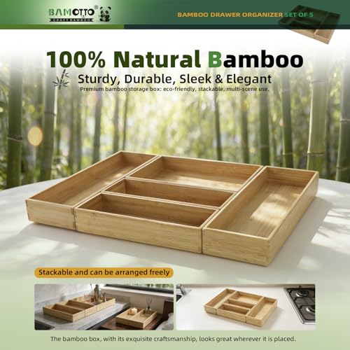Stackable Bamboo Drawer Organizer Set of 5 for Kitchen (Bamboo (5 Piece Set) / 19.2" L x 13.3" W x 2.2" H)