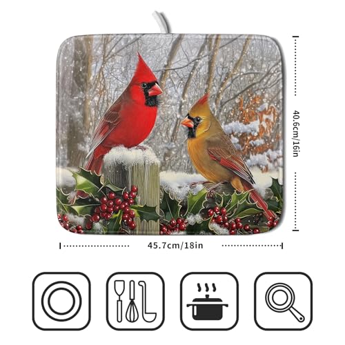 Winter Birds Dish Drying Mat Red Berry Dish Drainer Rack Mat Microfiber Absorbent Dish Drying Pad for Kitchen Counter Coffee Bar 16x18 Inch (Winter Red Birds / 16" x 18")