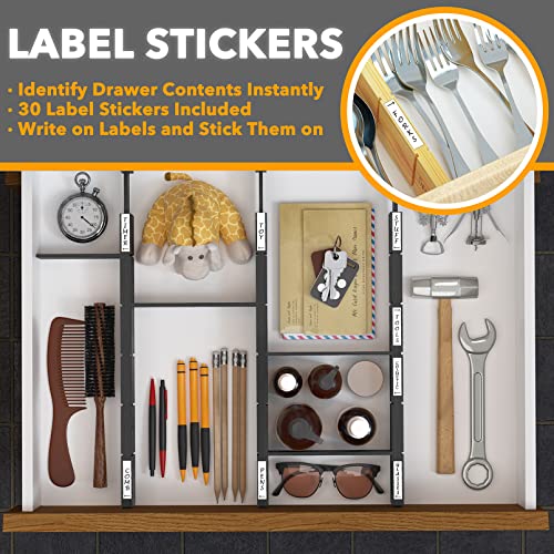Bamboo Drawer Dividers with Inserts and Labels (2.35''H, 17''-22''L, 4 Dividers / BLACK)