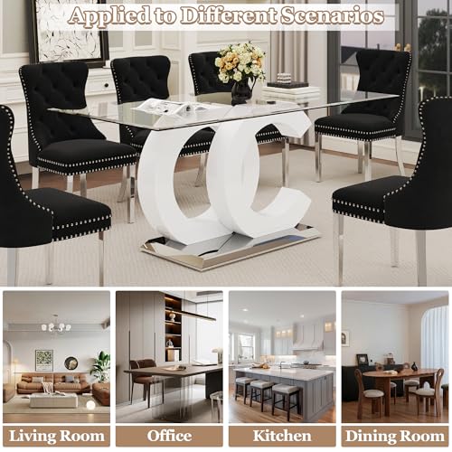 7 Piece Glass Dining Table Set for 6 (White Table & Silver Black Chair / 7-Piece Set-OC-Shaped Table)