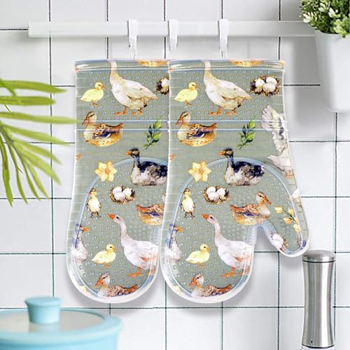 Oven Mitts with Transparent Clear Silicone Shell and Nice Duck Printing (Oven mitts / Wathet Blue)