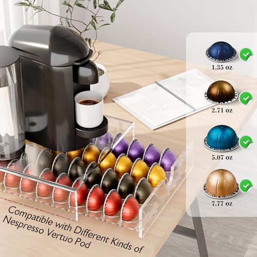 Acrylic Coffee Pod Organizer for Nespresso Vertuo Pod Holder 40 Pods Clear Vertuo Pod Storage Drawer (Clear)