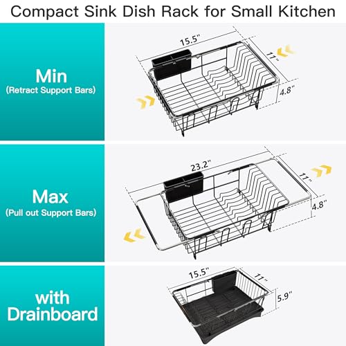 Black Dish Drying Rack in Sink with Drainboard and Utensil Holder (Black / For 12"-30"w Sink, with Drainboard)