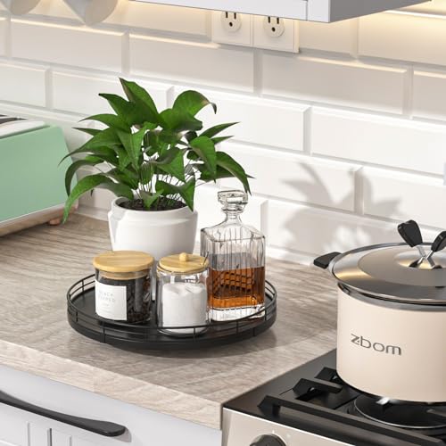 10 Inch Oak Lazy Susan Countertop Organizer with Black Metal Rail (Black / 10)
