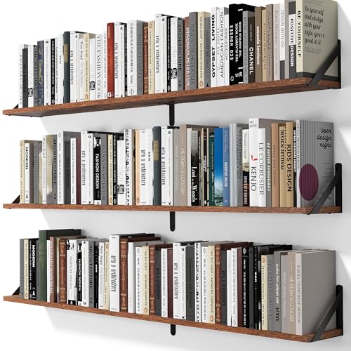 48 Inch Large Wall Bookshelves Set of 3 (Rustic Brown / 47.24"W x 5.9"D x 5.4"H,Set of 3)