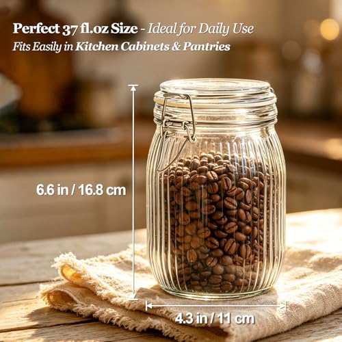 Ribbed Glass Pantry Jars with Airtight Lids 34 oz 3 Pack Coffee (34 fl oz x 3 - Ribbed)