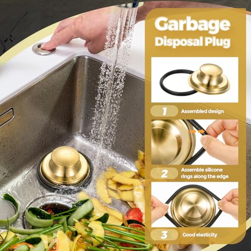 3 Pcs Kitchen Sink Drain Strainer and Stopper Stainless Steel Garbage Disposal Plug with Handle Universal Anti (Brushed Gold)