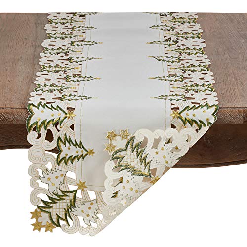 Pandoro Collection Holiday Embroidered Christmas Tree Cutwork Border 16 x 54 Inch Table Runner (Ivory / 16"x54" Table Runner)