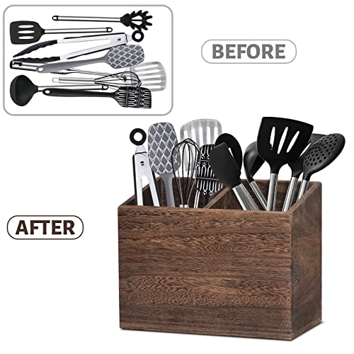Wooden Kitchen Utensil Caddy With 2 Compartments