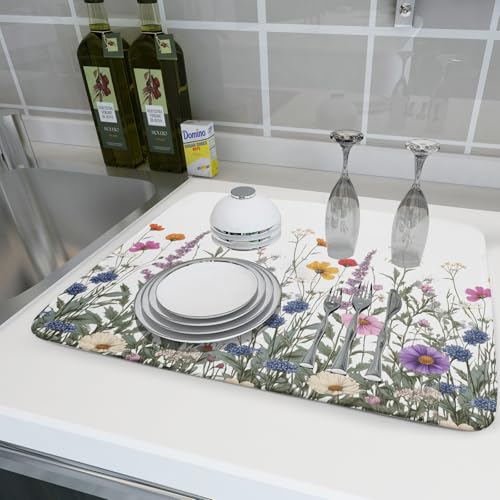 Flower Herbs Dish Drying Mat Botanical Plant Dishes Drainer Mat 18x24 inch Reversible Microfiber Drying Dish Pad for Kitchen Counter Decor (Flower Herbs Plant / 18" x 24")