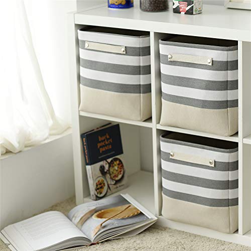 Extra Large Cube Storage Bins Baskets for Organizing (Grey&White Stripes / 3PCS/Large Cube - 16L×12W×12H)