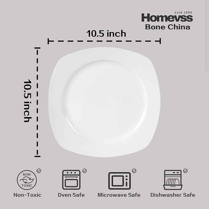 HomeVss, New Bone China Dinnerware Set, Coupe Square Shape, 40pc Set