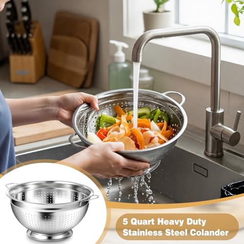 2 Pack 5 Quart Heavy Duty Stainless Steel Colander with Footed Base and Handles Pasta Spaghetti Berry Fruit Vegetable Kitchen Food Strainer Basket (5 Quart)