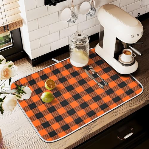 Halloween Dish Drying Mat for Kitchen Counter Absorbent Microfiber Small Drying Pad Black Orange Buffalo Plaid Check Dish Mats for Kitchen Countertops 16 x 18 Inch (Halloween Buffalo Plaid / 18" x 16")