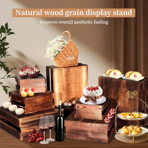 8 Piece Rustic Wood Buffet Risers with Mini Signs for Dessert Table (Rustic Wood / 8 Pcs (8.0", 7.0", 6.5", 5.5"))
