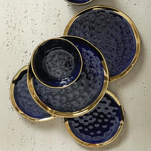 Florian Modern Porcelain Dish Set (32-Pieces Service for 8 / Blue with Gold Rim)
