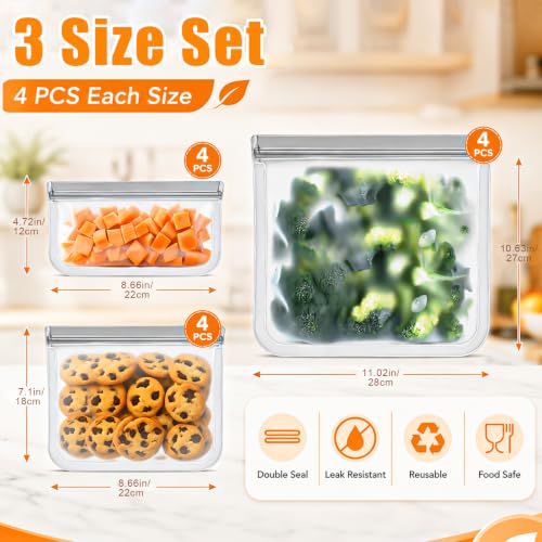 Reusable Silicone Food Storage Bags (Gray (4 Snack + 4 Medium + 4 Extra Large))