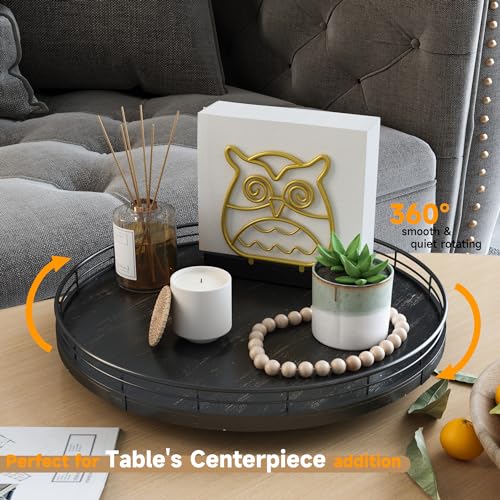 13 Inch Oak Lazy Susan Vanity Tray with Black Brushed Gold Finish Rail