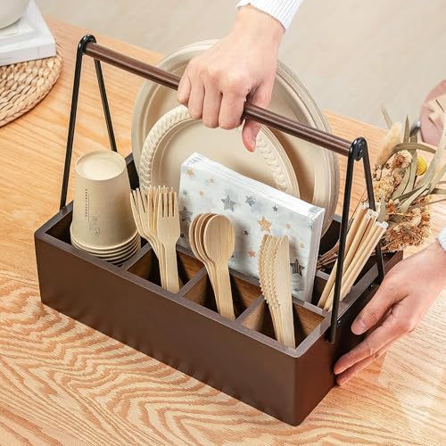 Silverware Caddy with Handle Acacia Wood Utensil Holder Paper Plate Holder (Acacia Wood)