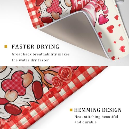 Love Gnome Dish Drying Mat 18"x24" Red Heart Microfiber Dish Drainer Rack Mat Holiday Absorbent Dishes Pad for Kitchen Counter Sink Decor (Love Gnome / 24" x 24")
