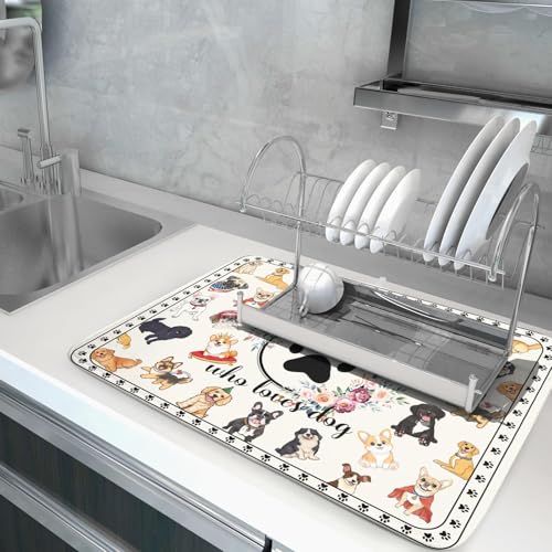 Dog Family Dish Drying Mat Cartoon Pet 18 X 24 in Absorbent Printed Drying Pad for Dog Lover (Dog Family White / 24" x 18")