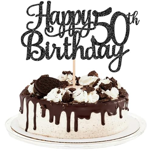 1 PCS Happy 50th Birthday Cake Topper Glitter Cheers to 50 Years Birthday Cake Pick 50 Fabulous Cake Decoration for Happy 50th Birthday Anniversary Party Decorations Supplies Black (Black / 50th)