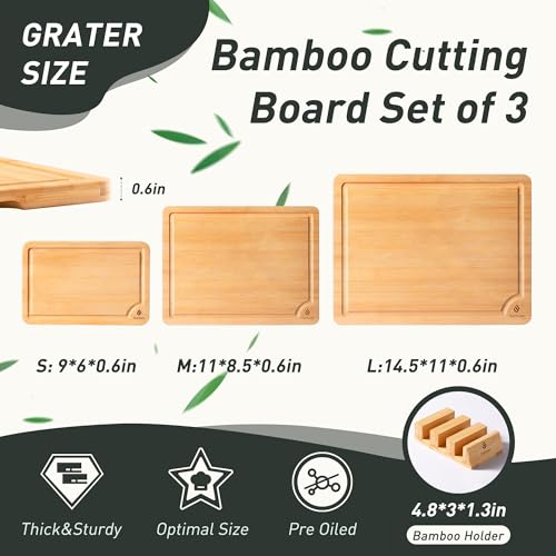 Bamboo Cutting Board Set Non Slip Feet with Holder Over Sink Kitchen Gadgets Seller 2025 First Apartment Must Haves Things Stuff Accessories House Warming Decor Housewarming Hostess Host Gifts (3 Pack with Holder / Natural)