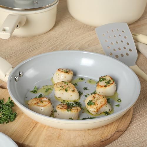 Barnsdall 10 Piece Premium PFA Free Ceramic Nonstick Pots and Pans Aluminum Induction Cookware Set W (8 & 9.5 Inches / Linen White)