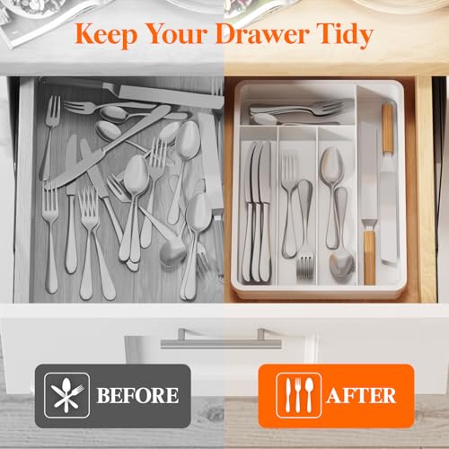Silverware Drawer Organizer Tray (White / 9.5 x 13.4 inch (5 Slots))