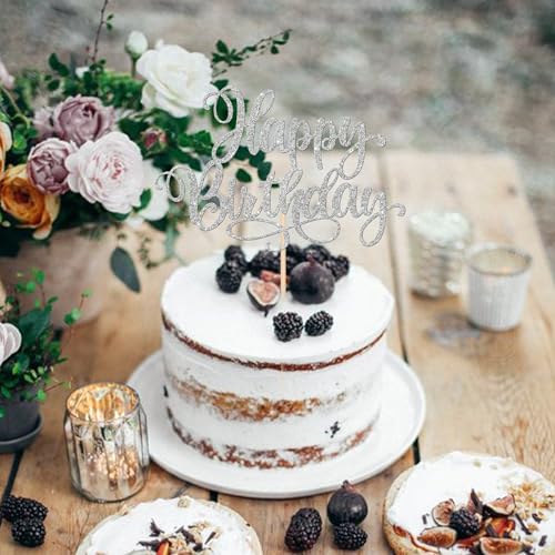 1 PCS Happy Birthday Cake Topper Glitter Happy Birthday Cake Pick for Celebrating Happy Birthday Anniversary Party Cake Decorations Supplies Silver