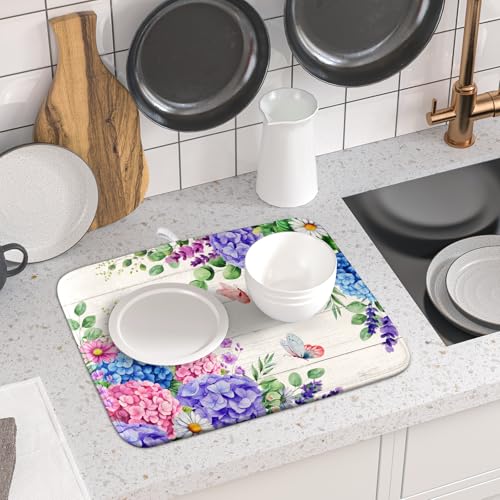 Hydrangea Floral Dish Drying Mat 16x18 inch Spring Summer Decorative Fast Dry Dishes Draining Mats Absorbent Microfiber Drainer Rack Pad (Hydrangea Floral / 16 x 18 inch)
