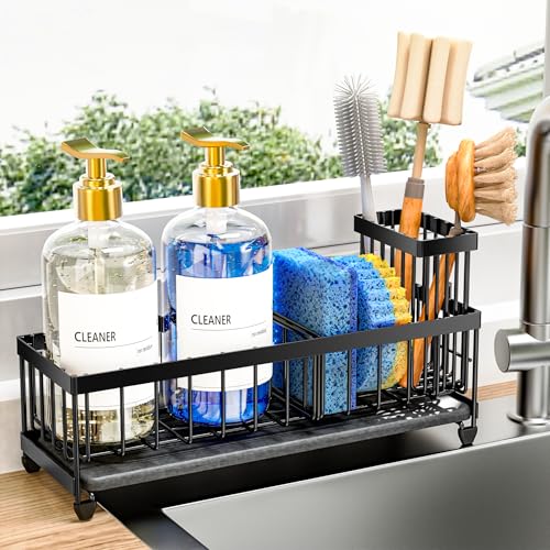 10.62'' Sponge Holder for Kitchen Sink (Black With Stone Tray)