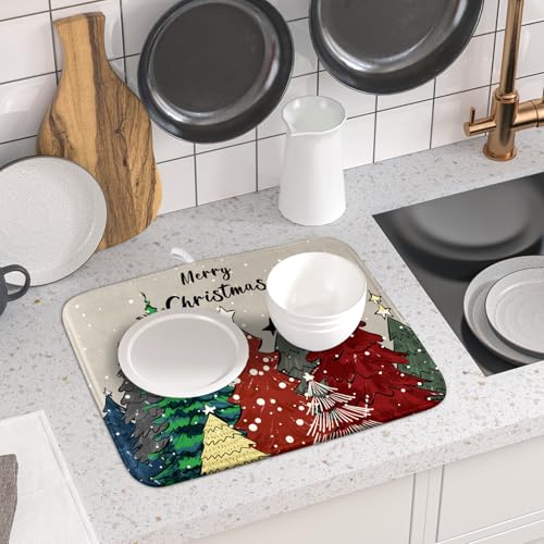 Christmas Trees Dish Drying Mat Winter Holiday Kitchen Dishes Pad 16x18 Inch Absorbent Reversible Fast Dry Draining Rack Pad for Countertop (Christmas Snow Trees / 16" x 18")