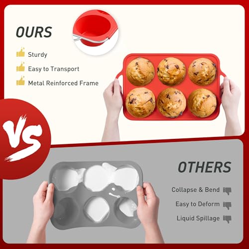 2 Packs 6 Cups Silicone Muffin Pan with Metal Reinforced Frame Jumbo Size Cupcake Pan Tray Egg Bites Silicone Circle Cookie Molds Muffin Tin Tart Pans Large Big Baking Sheet Set for Breakfast (2pc: 6-Cup Jumbo / Red)