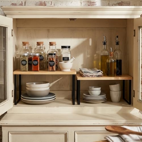 Large Cabinet Shelf Organizers Solid Wood Spice Rack Organizer for Cabinet Kitchen Countertop Storage