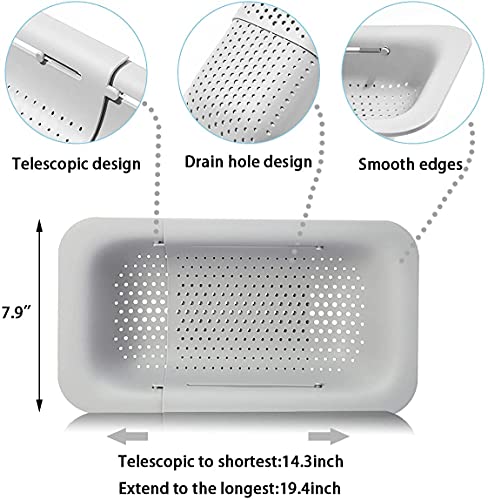 Collapsible Sink Colanders and Strainers Basket Extendable Plastic Fruit Vegetable Strainer Drainer Basket for Kitchen (M-Grey and White)