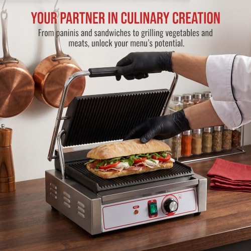 Commercial Panini Grill Flat Press Sandwich Maker Industrial Panini Machine Single Grill Big (Standard Grooved Top And Bottom)